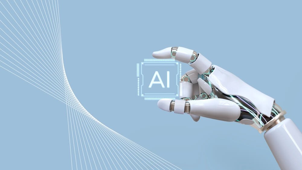 AI duomenų centrų lustų gamyba, roboto ranka laiko dirbtinio intelekto mikroschemą
