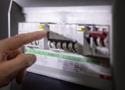 Pirštas liečia elektros skydinėje esantį automatinį jungiklį