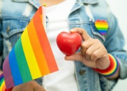LGBT teisių pataisos Lietuvoje - žmogus su vaivorykštės vėliava ir širdies simboliu