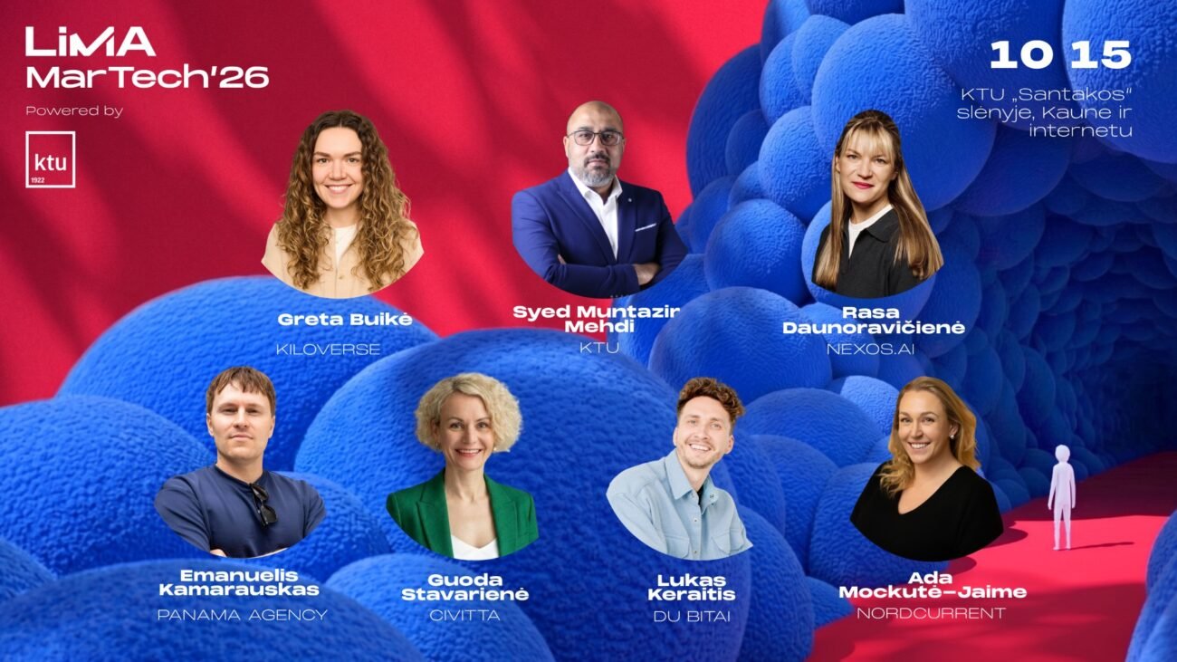 LIMA Mart Tech'26 renginio grafika su septynių pranešėjų portretais