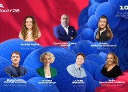 LIMA Mart Tech'26 renginio grafika su septynių pranešėjų portretais