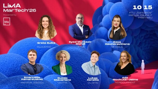 LIMA Mart Tech'26 renginio grafika su septynių pranešėjų portretais