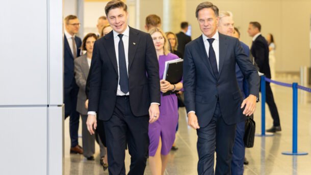Gintautas Paluckas ir Markas Rutte eina pastato koridoriumi