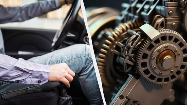 Žmogus automobilyje laiko pavarų svirtį, šalia pavaizduoti mechaniniai krumpliaračiai