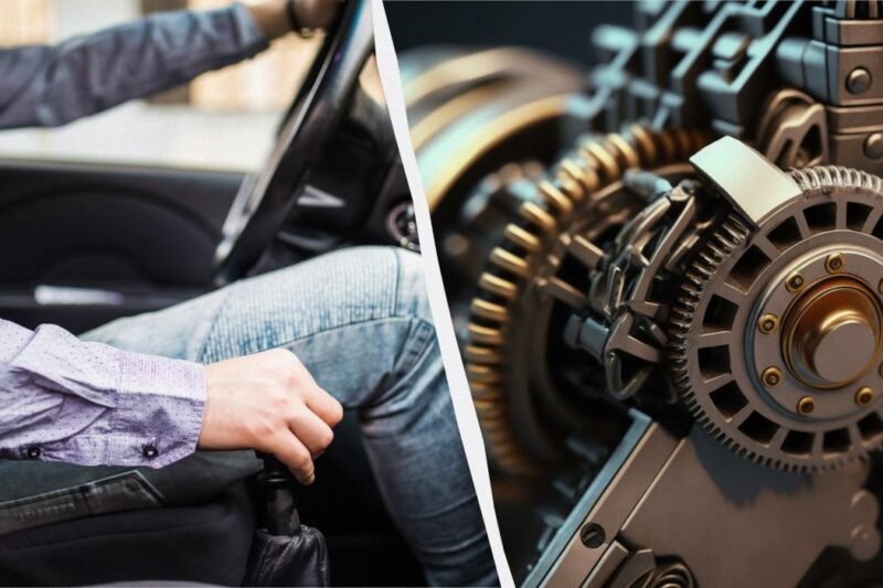 Žmogus automobilyje laiko pavarų svirtį, šalia pavaizduoti mechaniniai krumpliaračiai