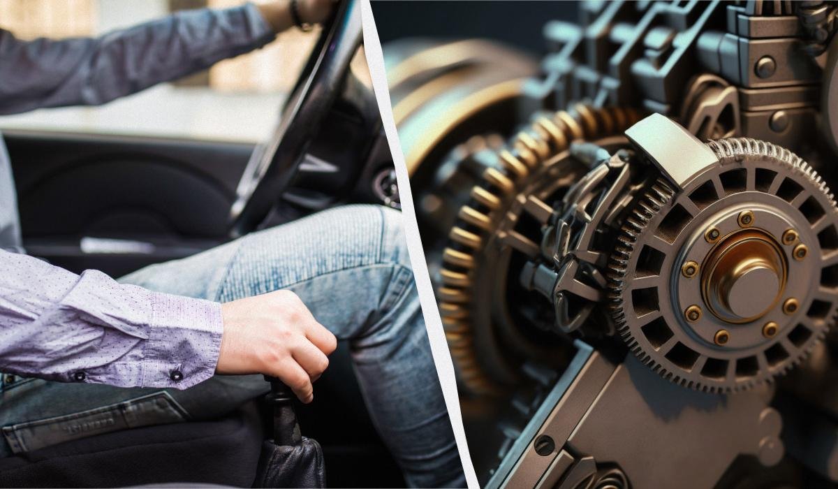 Žmogus automobilyje laiko pavarų svirtį, šalia pavaizduoti mechaniniai krumpliaračiai