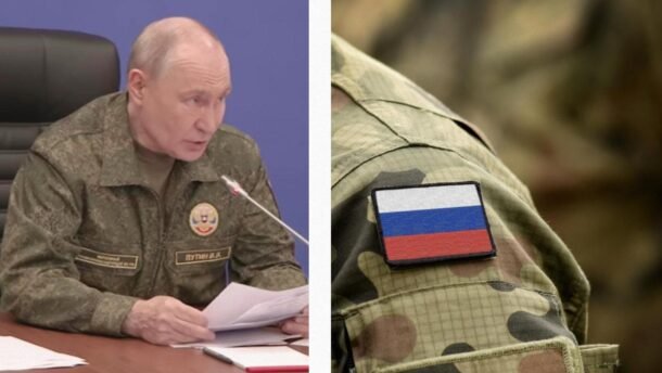 Vladimiras Putinas su karine uniforma ir Rusijos vėliavos antsiuvas