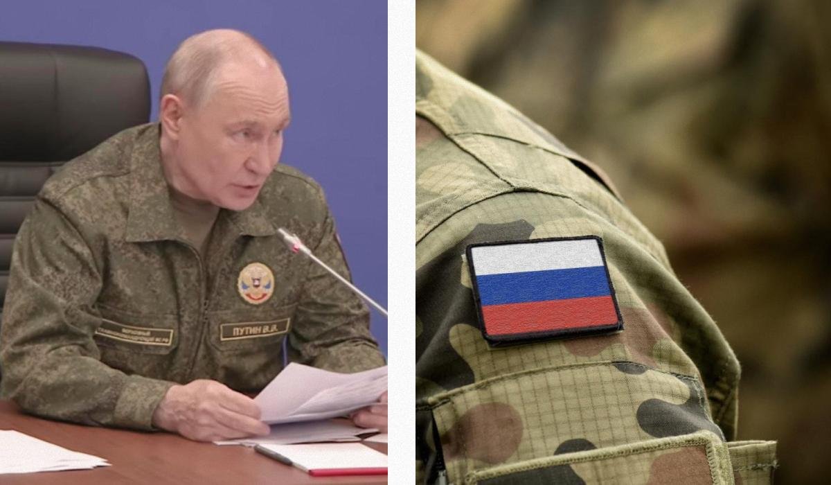 Vladimiras Putinas su karine uniforma ir Rusijos vėliavos antsiuvas