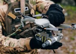 Rusijos raketų ir dronų ataka Ukrainoje, kariškis rankose laiko bepilotį orlaivį