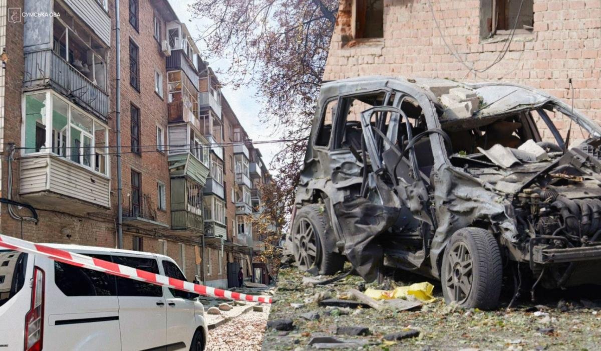 Smarkiai apgadintas automobilis prie daugiabučių namų ir įspėjamosios juostos