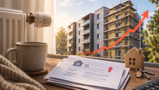 Radiatorius, šildymo dokumentai ir renovuojamas daugiabutis su kylančia raudona rodykle