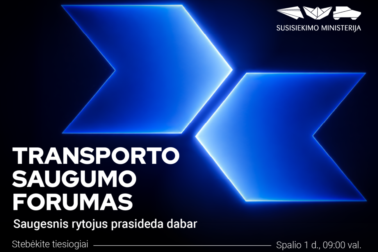 Mėlynas transporto saugumo forumo plakatas su dviem stilizuotomis rodyklėmis