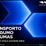 Mėlynas transporto saugumo forumo plakatas su dviem stilizuotomis rodyklėmis