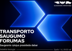 Mėlynas transporto saugumo forumo plakatas su dviem stilizuotomis rodyklėmis