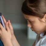 Vaikų saugumas internete - mergaitė naudojasi telefonu