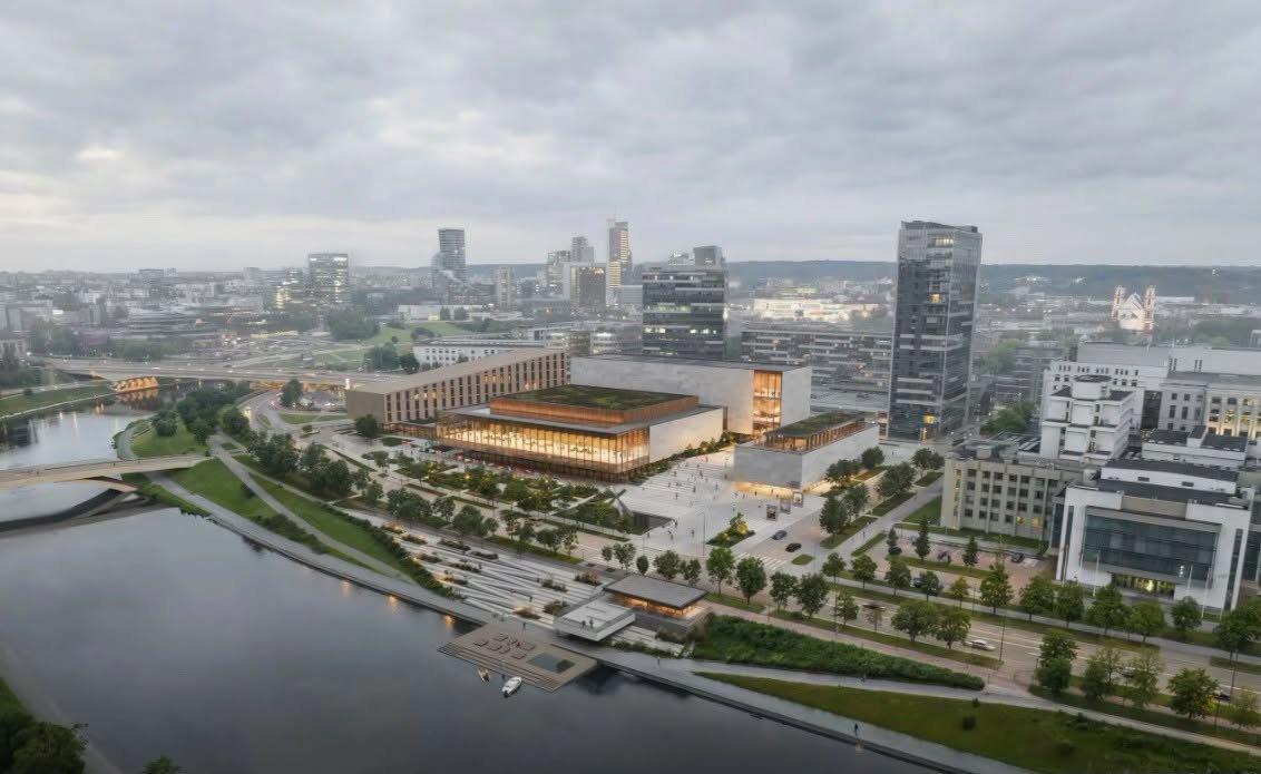 Miesto panorama su moderniu pastatų kompleksu prie upės