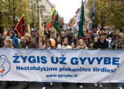 Žmonės Vilniaus gatvėje neša vėliavas ir žygio už gyvybę plakatą