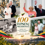 Valdo ir Almos Adamkų nuotraukų koliažas su užrašu „100 šypsenų Prezidentui“ ir Vilniaus panorama