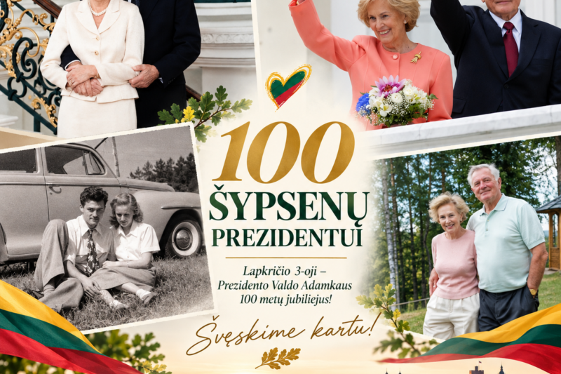 Valdo ir Almos Adamkų nuotraukų koliažas su užrašu „100 šypsenų Prezidentui“ ir Vilniaus panorama