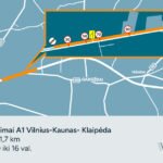 A1 kelio ties Klaipėda eismo ribojimų schema su kelio ženklais ir žemėlapiu