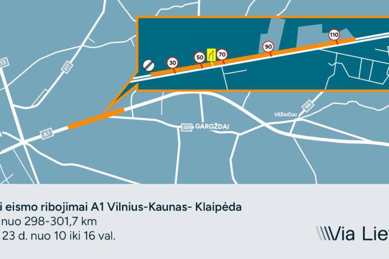 A1 kelio ties Klaipėda eismo ribojimų schema su kelio ženklais ir žemėlapiu