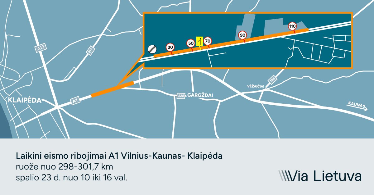 A1 kelio ties Klaipėda eismo ribojimų schema su kelio ženklais ir žemėlapiu
