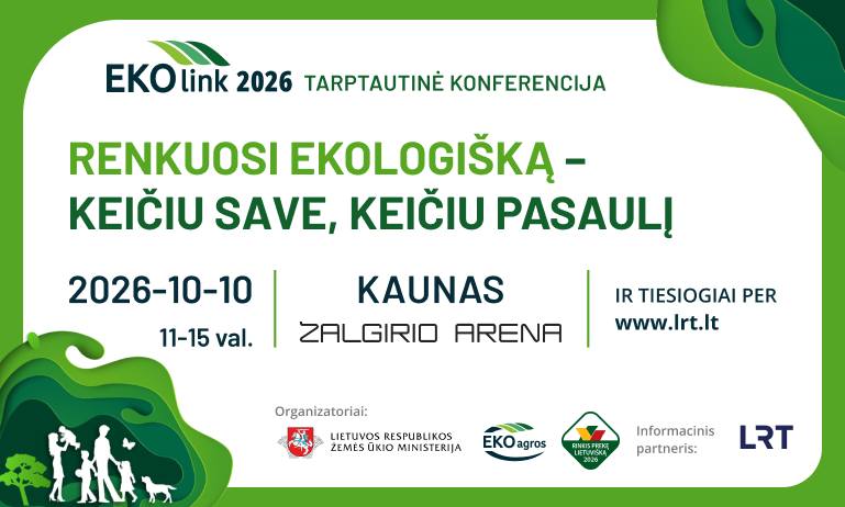 EKOlink 2026 konferencijos plakatas su data, vieta ir organizatorių logotipais