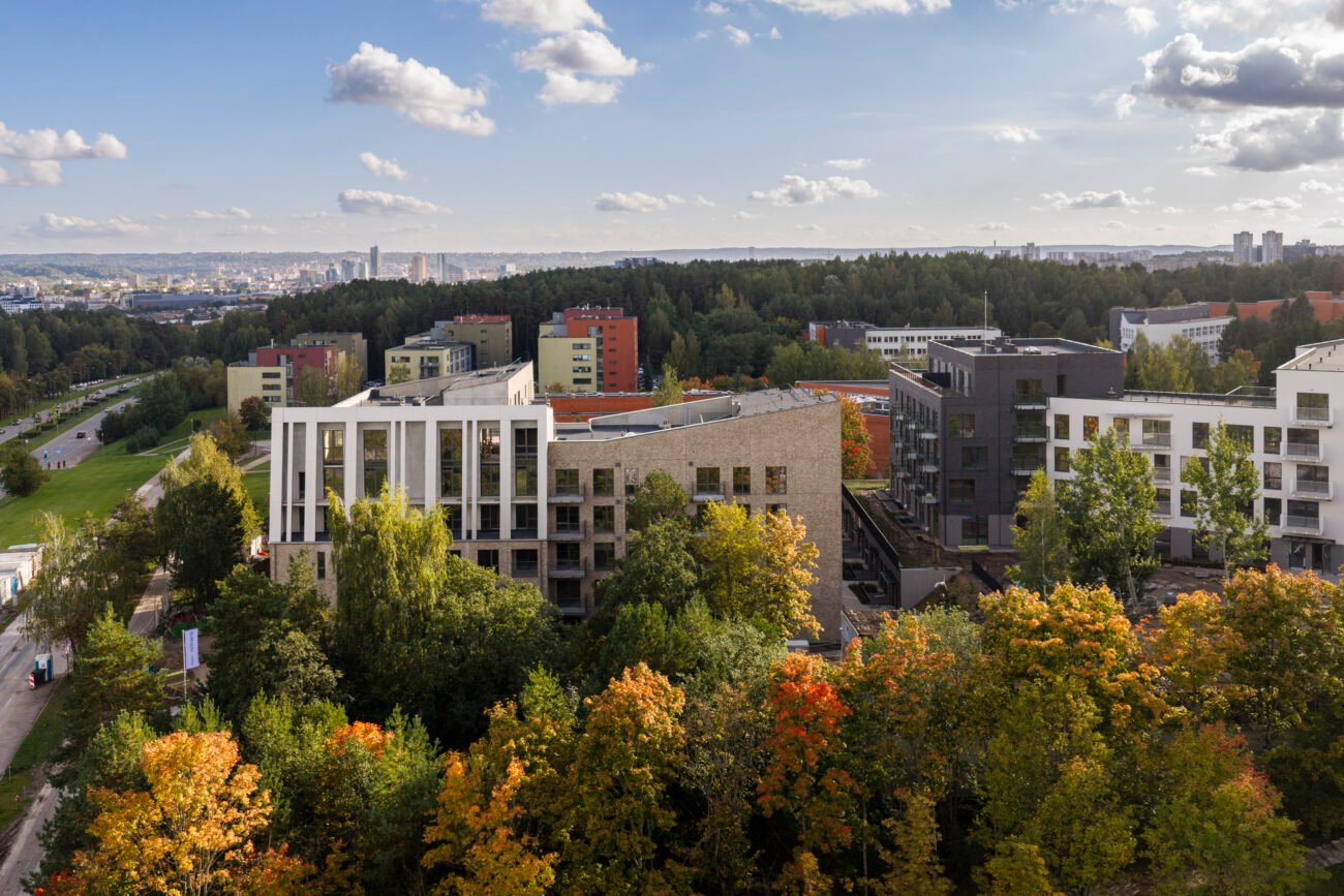 Miesto gyvenamieji namai apsupti medžių, tolumoje matoma tanki miesto panorama