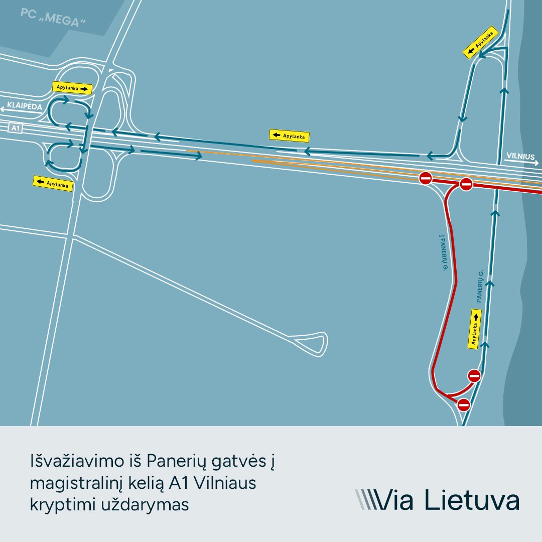 Eismo schema su uždarytu išvažiavimu iš Panerių gatvės į A1 Vilniaus kryptimi