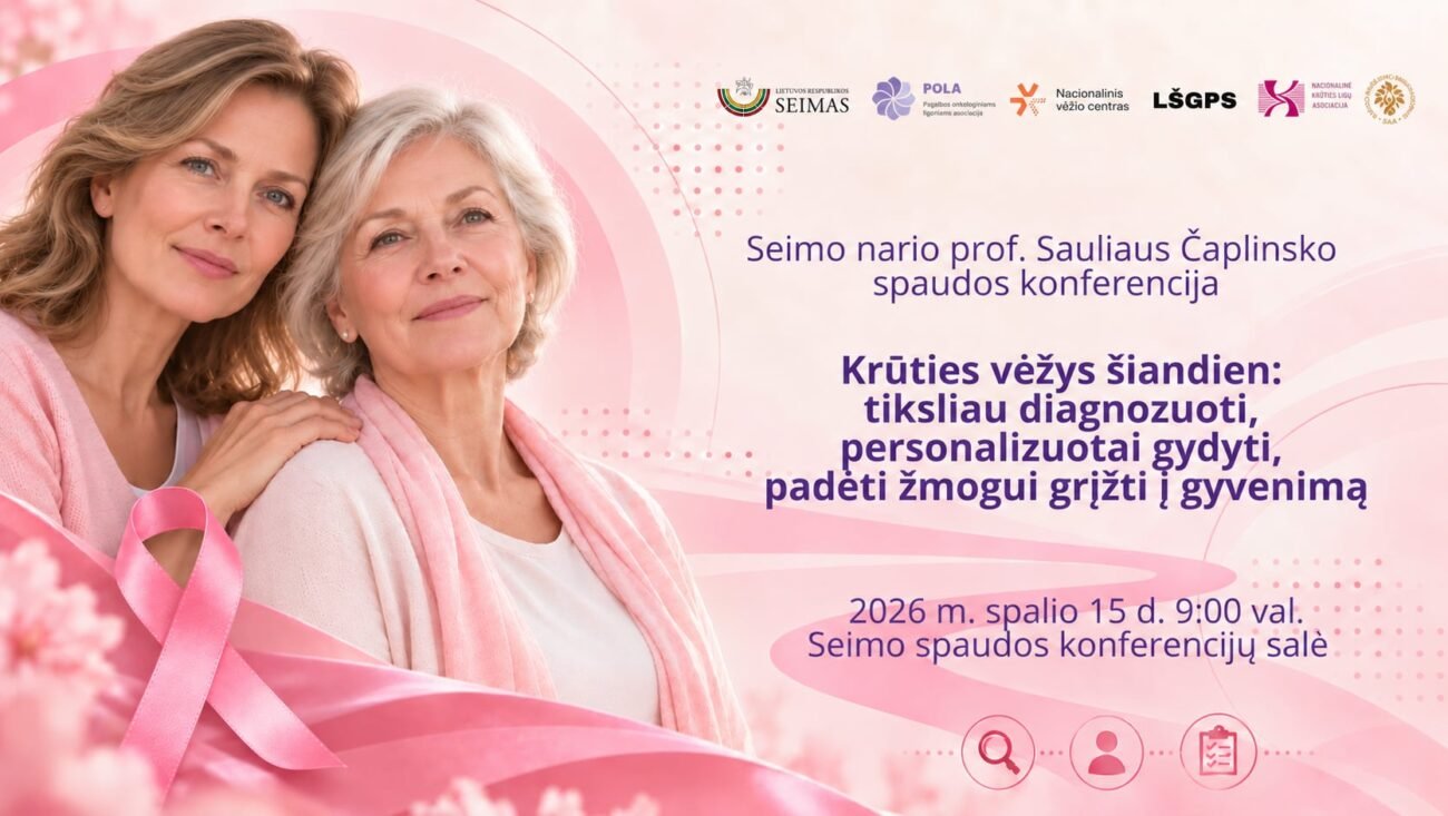 Dvi moterys su rožiniu kaspinu krūties vėžio konferencijos skelbime