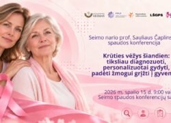 Dvi moterys su rožiniu kaspinu krūties vėžio konferencijos skelbime