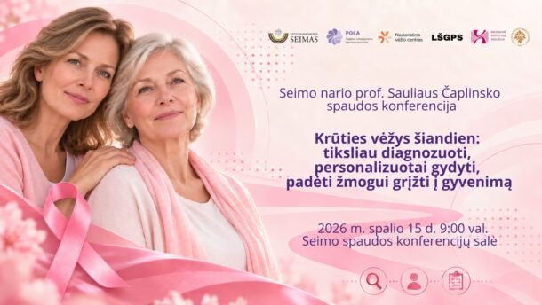 Dvi moterys su rožiniu kaspinu krūties vėžio konferencijos skelbime