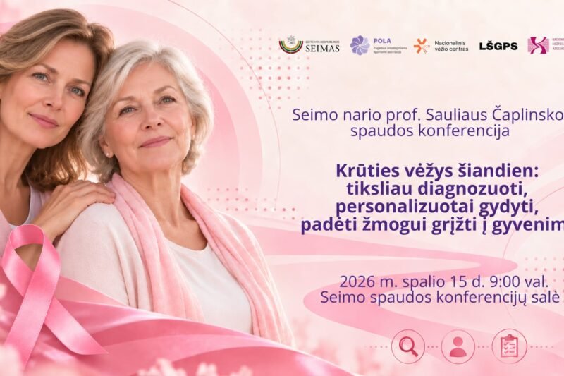 Dvi moterys su rožiniu kaspinu krūties vėžio konferencijos skelbime