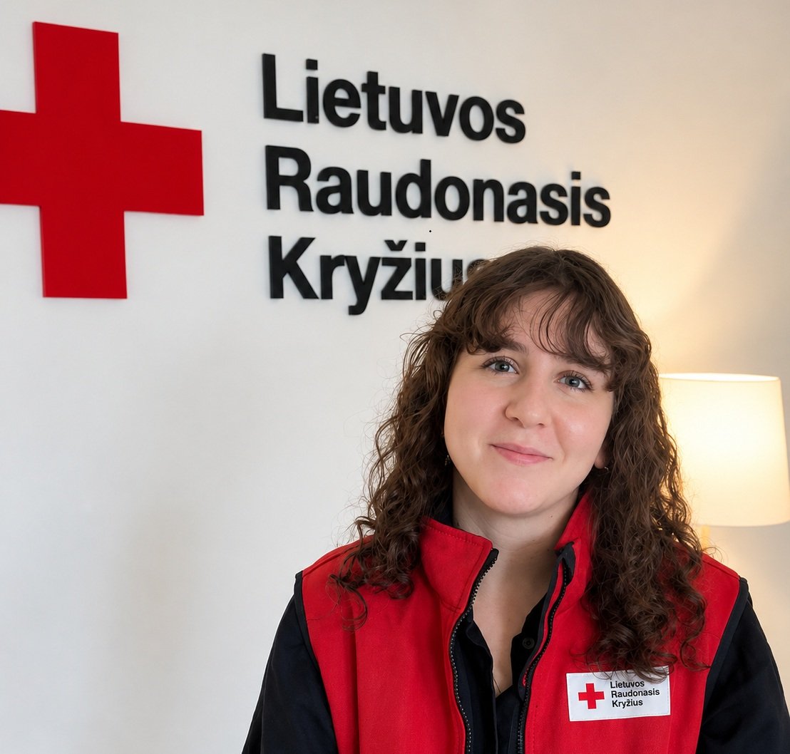 Moteris su Lietuvos Raudonojo Kryžiaus liemene prie organizacijos logotipo