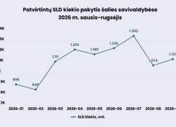 Linijinė diagrama rodo patvirtintų statybą leidžiančių dokumentų kiekio pokytį 2026 metais