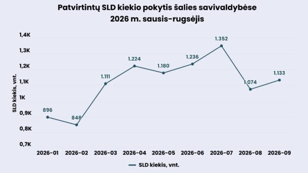 Linijinė diagrama rodo patvirtintų statybą leidžiančių dokumentų kiekio pokytį 2026 metais