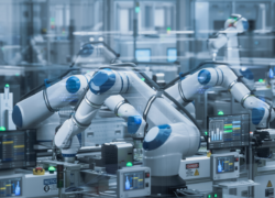 Pramoninėje gamykloje dirbančios robotinės rankos prie gamybos įrangos