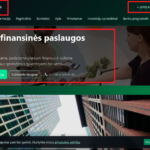 SEB finansinių paslaugų svetainės ekrano vaizdas su pažymėtu logotipu ir telefono numeriu