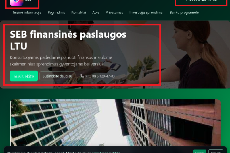 SEB finansinių paslaugų svetainės ekrano vaizdas su pažymėtu logotipu ir telefono numeriu