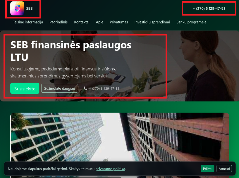 SEB finansinių paslaugų svetainės ekrano vaizdas su pažymėtu logotipu ir telefono numeriu