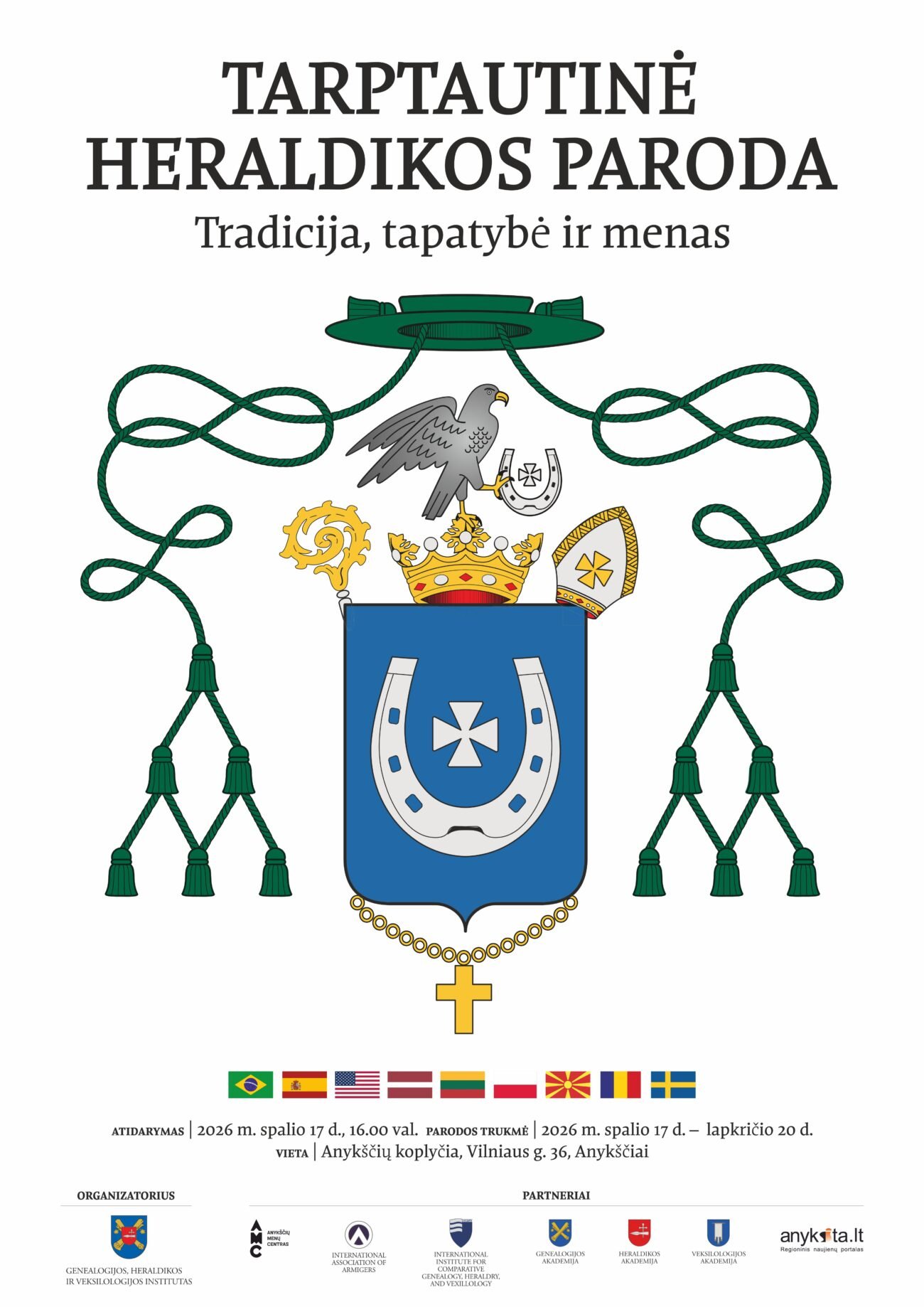 Tarptautinės heraldikos parodos plakatas su vyskupo herbu ir puošniais heraldikos simboliais