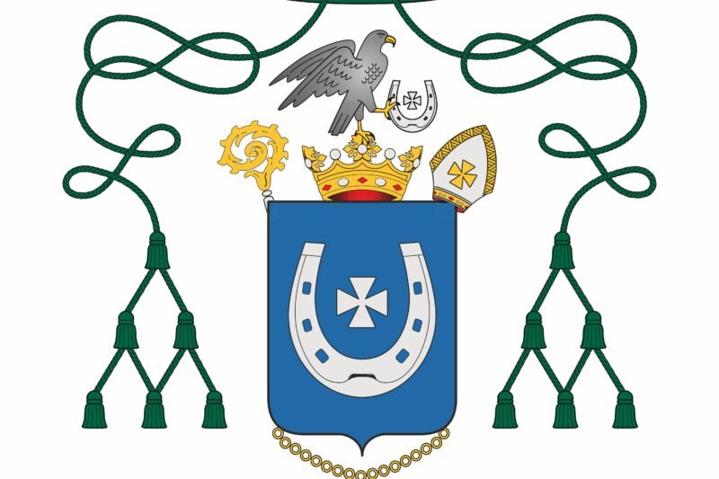Tarptautinės heraldikos parodos plakatas su vyskupo herbu ir puošniais heraldikos simboliais