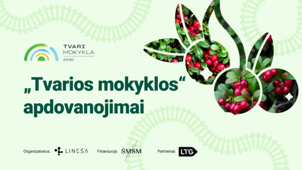 „Tvarios mokyklos“ apdovanojimų grafinis plakatas su žaluma ir raudonomis uogomis